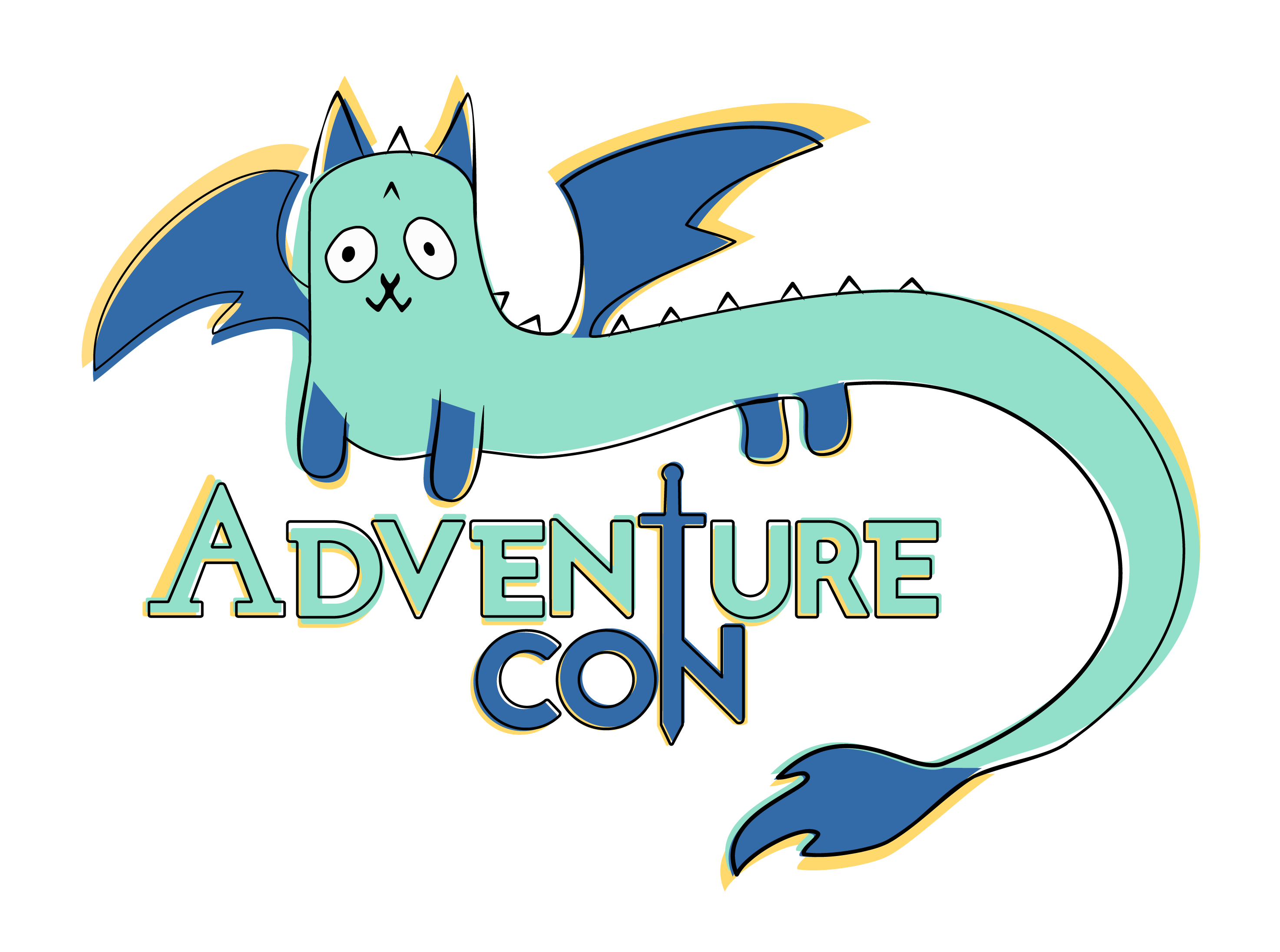 The logo of AdventureCon, a dark blue/teal/yellow coloured dragon, with the text "AdventureCon" under. The T is formed as a sword, and connects to the "N" of "con".